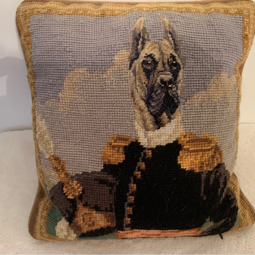 Dog Portrait Hooked Pillow in Gray and Tan